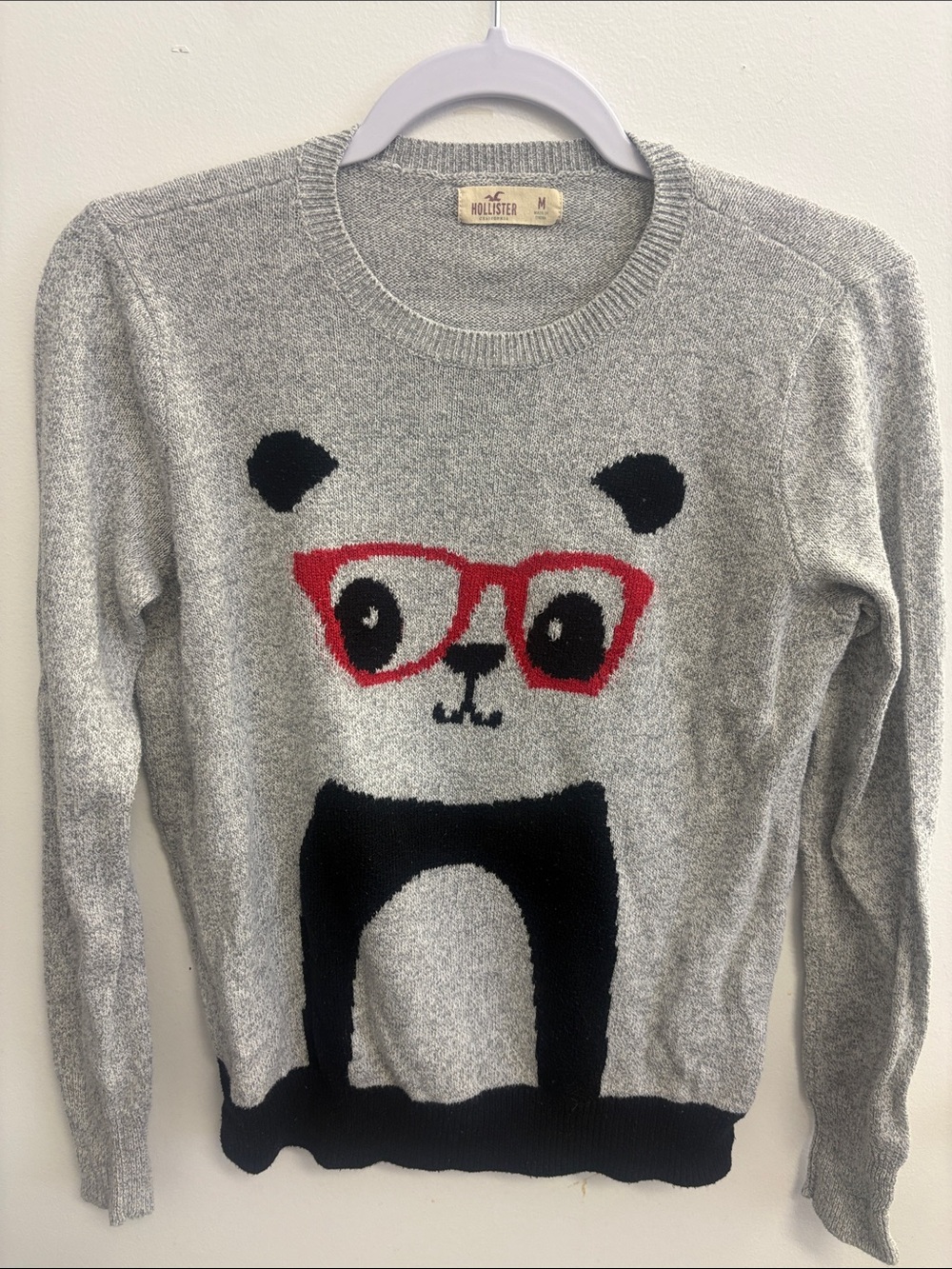 Hollister Gray Sweater with Red Glasses Panda
